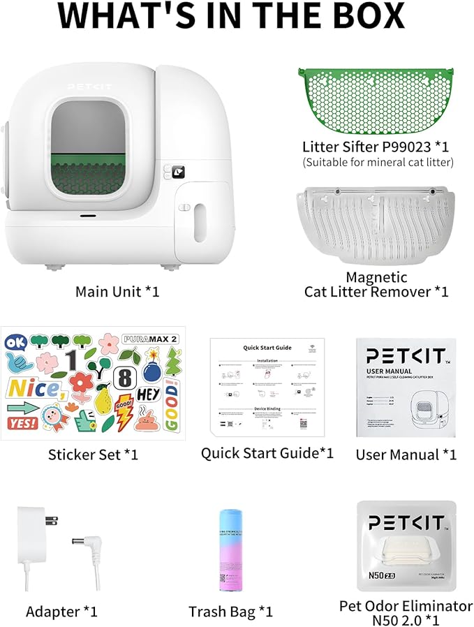 PETKIT PuraMax 2 Automatic Self-Cleaning Cat Litter Box, App Control Scoop-Free Litter Box with Safety Sensors, Odor Free &amp; Anti-Leakage Basic Bundle Includes Trash Bags,2.4G WiFi &amp; Low Entrance