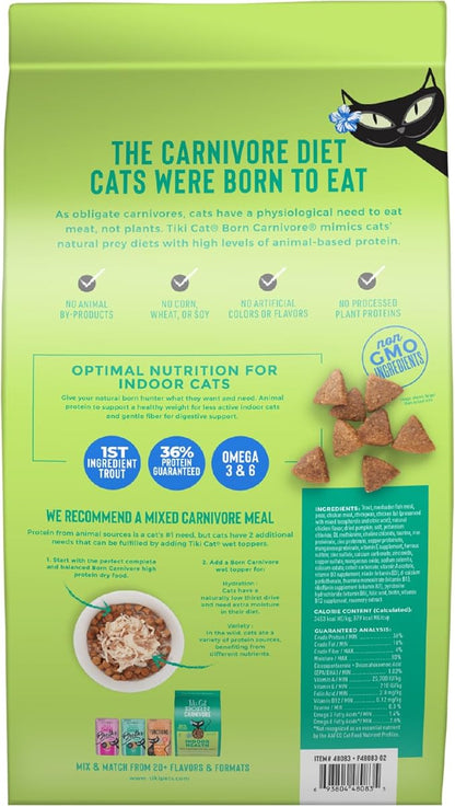 Tiki Cat Born Carnivore Indoor Health, Trout &amp; Menhaden Fish Meal, Grain-Free Baked Kibble to Maximize Nutrients, Dry Cat Food, 6 Lbs. Bag