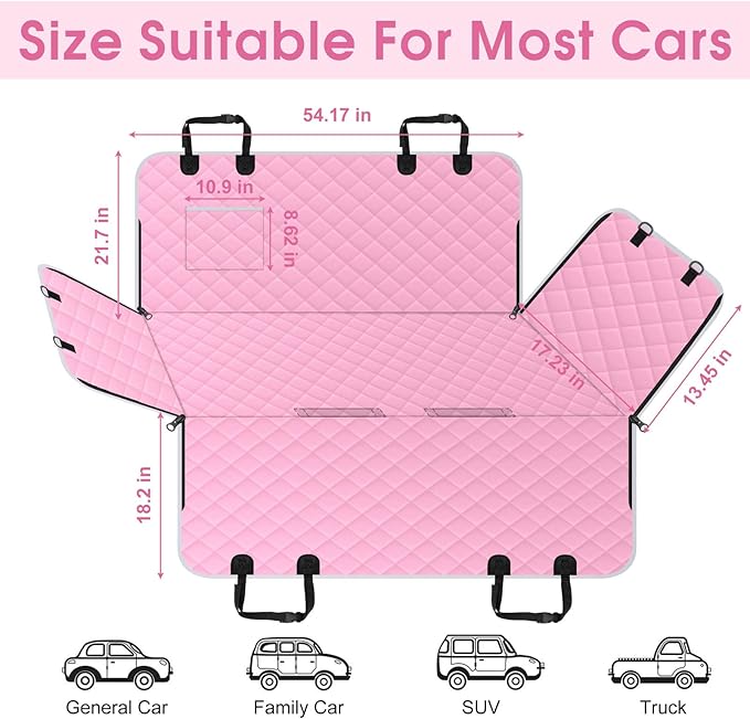 Waterproof Dog Car Seat Cover for Back Seat - Durable, Scratch Proof Pet Hammock with Nonslip Design &amp; Storage Pockets, Fits Cars, SUVs, Trucks - S, Pink/Grey