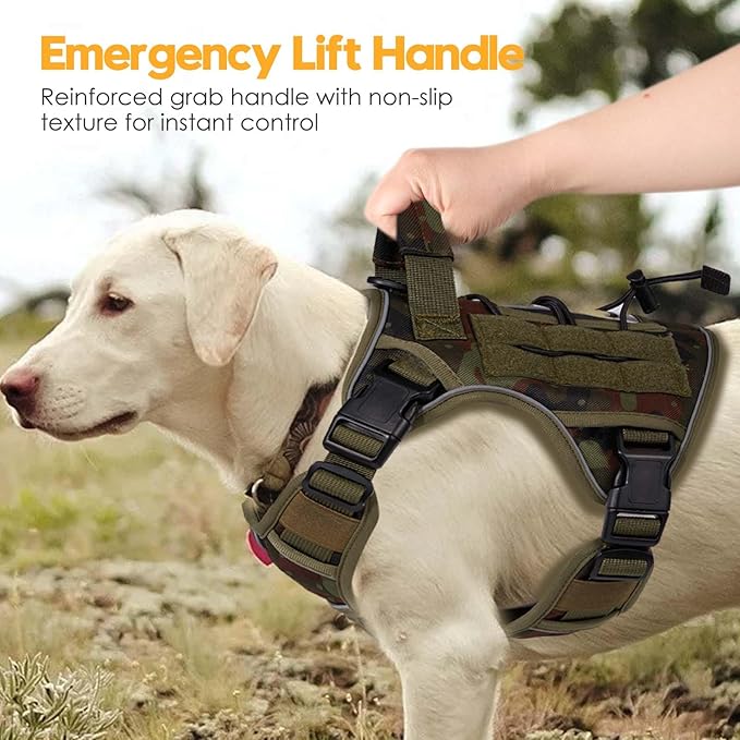 Heavy-Duty Tactical Dog Harness for Large Dogs, No Pull Adjustable Reflective Pet Vest with Molle System, K9 Military-Grade Control for Service Training, Outdoor &amp; 10+ Breeds, Green Camo, Medium