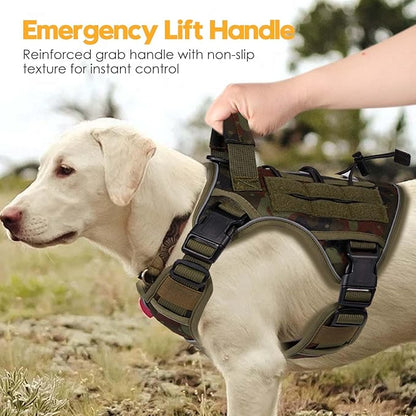 Heavy-Duty Tactical Dog Harness for Large Dogs, No Pull Adjustable Reflective Pet Vest with Molle System, K9 Military-Grade Control for Service Training, Outdoor &amp; 10+ Breeds, Green Camo, Medium