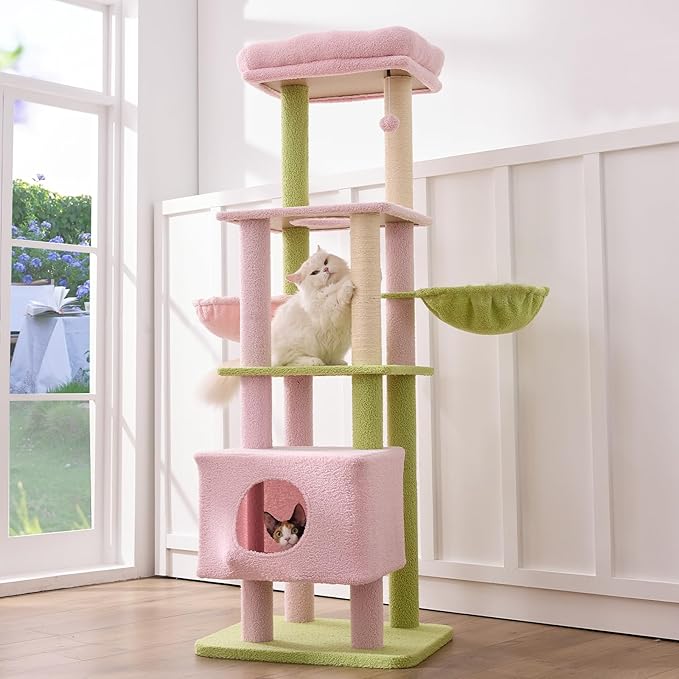 Gardner Pet 65in Heavy Duty Cat Tree Tower for Large Cats, Multi-Level Cat Furniture with Replaceable Sisal Scratching Post, Hammock | Extra-Large Platform &amp; Condo (Pink&amp;Green, Basic φ:2.84")