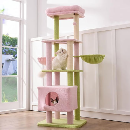 Gardner Pet 65in Heavy Duty Cat Tree Tower for Large Cats, Multi-Level Cat Furniture with Replaceable Sisal Scratching Post, Hammock | Extra-Large Platform &amp; Condo (Pink&amp;Green, Basic φ:2.84")