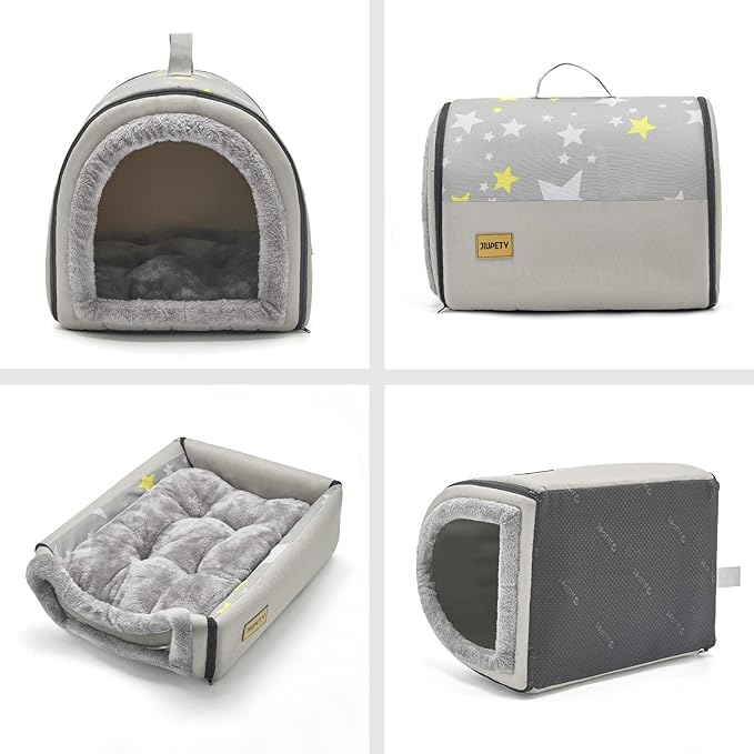 Jiupety Indoor Dog House, 2 in 1 Portable Foldable House Bed with Cover, Pet Tent &amp; Cave Bed for Cats and Small Dogs, M(18"×14"×13"), Up to 9 Lb, Grey