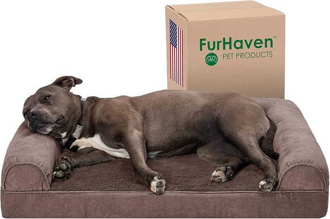 Furhaven Orthopedic Dog Bed for Large/Medium Dogs w/ Removable Bolsters &amp; Washable Cover, For Dogs Up to 55 lbs - Faux Fur &amp; Velvet Sofa - Driftwood Brown, Large