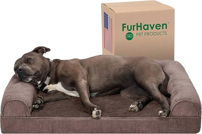 Furhaven Orthopedic Dog Bed for Large/Medium Dogs w/ Removable Bolsters &amp; Washable Cover, For Dogs Up to 55 lbs - Faux Fur &amp; Velvet Sofa - Driftwood Brown, Large
