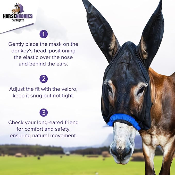 Donkey Fly Mask with Long Ears (Blue) Half Hoodie for Standard Donkey, Made in USA - Mule Fly Mask with Ears Protection from Insects and Bugs, Face Cover Soft Mesh Fabric with Adjustable Fastener