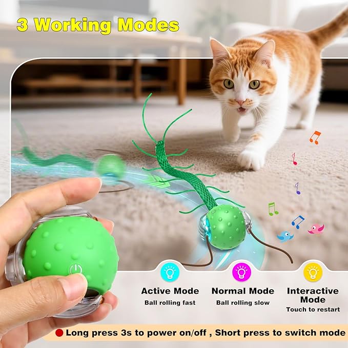 Interactive Cat Toys for Indoor Cats, Moving Cat Ball with Tail, Fast Rolling on Carpet, Chirping &amp; Motion Activate Toy for Bored Indoor Adult Cats