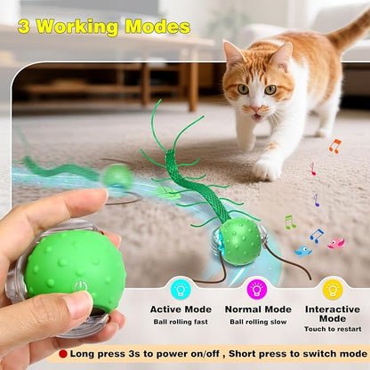 Interactive Cat Toys for Indoor Cats, Moving Cat Ball with Tail, Fast Rolling on Carpet, Chirping &amp; Motion Activate Toy for Bored Indoor Adult Cats