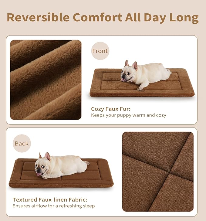 Made4Pets Dog Crate Pad Bed for Medium Large Dogs, Washable &amp; Reversible, Anti-Slip Kennel Mat for Cozy Sleeping, Soft Fluffy Dog Bed for Indoor &amp; Outdoor Use, 35"x23", Brown