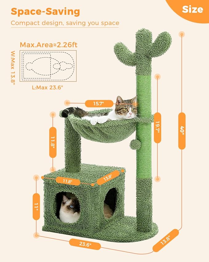 Cactus Cat Tree 40" Cat Tower with Large Metal Carpet Hammock, Cat Scratching Post for Indoor Cats with Condo &amp; Replaceable Toy Ball, Green