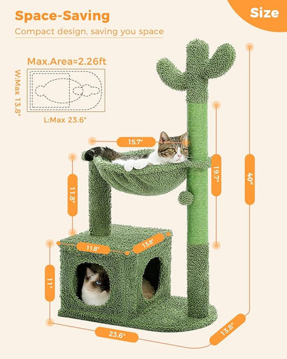 Cactus Cat Tree 40" Cat Tower with Large Metal Carpet Hammock, Cat Scratching Post for Indoor Cats with Condo &amp; Replaceable Toy Ball, Green