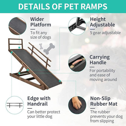 Dog Ramp, 5 Level Adjustable Height Folding Pet Ramp for High Bed, Portable Paw Ramps Large Bed Ramp for Medium &amp; Large Old Dogs &amp; Cats - Natural Wood Furniture Quality