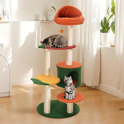 Happy &amp; Polly Cute Cat Tree - 48.4" Fruit World Cat Tower for Indoor Cats, Multi-Level Cat Condo with Sisal Scratching Posts, Private Cave, Plush Strawberry Perches, Perfect Cat Tree Activity Center