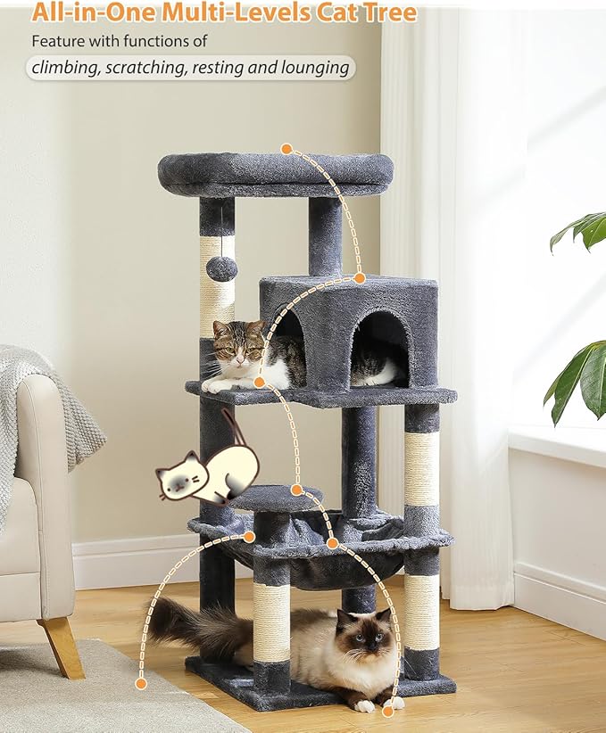 PETEPELA 45.7" Cat Tree for Indoor Cats, 5-Level Cat Tower for Large Cats with Metal Frame Large Hammock (17.3"x15.3"), Cat Condo with (18.5"x13") Big Top Perch &amp; 4 Sisal Covered Scratching Post Dark