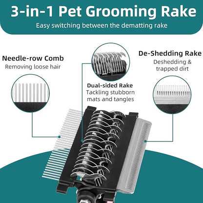 3-IN-1 Pet Grooming Tool - Undercoat Rake, Dematting Comb &amp; Deshedding Brush for Cats &amp; Dogs - Removes Mats, Tangles &amp; Loose Fur, Reduces Shedding &amp; Prevents Hair Mess (Pink)