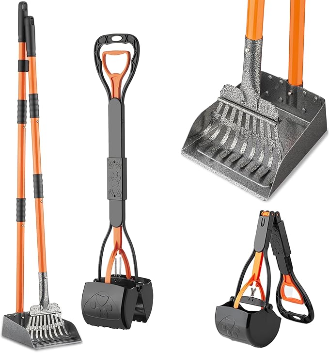 28" Pooper Scooper and 38" Heavy Duty Stainless Steel Rake &amp; Tray Set, 3 in 1 Portable Dog Pooper Scooper Set for Large Medium Small Dogs in Grass, Dirt or Gravel