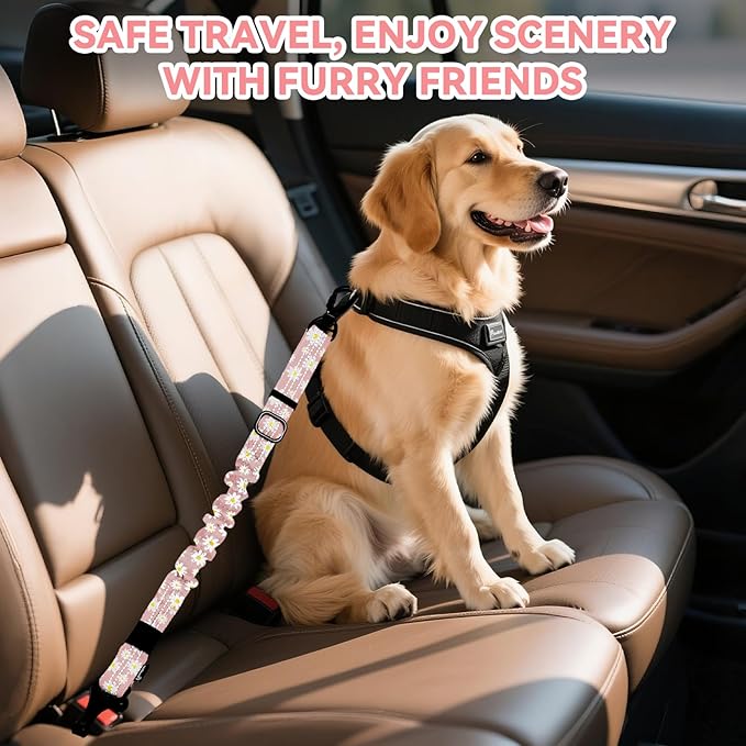 Pawaboo Dog Seatbelt for Car, 3-in-1 Dog Seat Belt Bungee, Shockproof Dogs Tether for Car with Buckle &amp; Hook Latch, Adjustable Reflective Dogs Cars Harness Leash with 360° Lockable Buckle, Light Pink