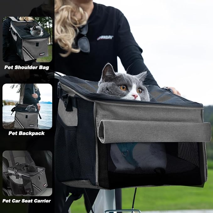 Pet Carrier Bicycle Basket Bag Pet Carrier/Booster Backpack for Dogs and Cats with Big Side Pockets,Comfy &amp; Padded Shoulder Strap,Travel with Your Pet Safety（Titanium）