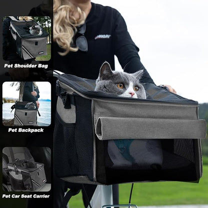Pet Carrier Bicycle Basket Bag Pet Carrier/Booster Backpack for Dogs and Cats with Big Side Pockets,Comfy &amp; Padded Shoulder Strap,Travel with Your Pet Safety（Titanium）