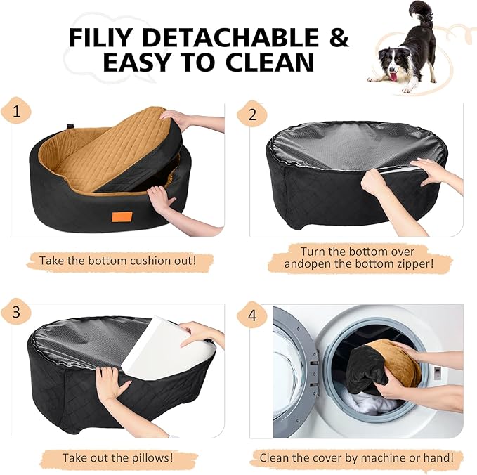 Dog Car Seat for Medium &amp; Large Dogs up to 55 lbs, Elevated Booster Seat with Anti-Slip Base, Detachable &amp; Machine-Washable Pet Car Bed for SUV/Sedan (Black/Brown)