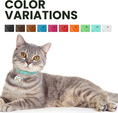 BRONZEDOG Leather Cat Collar with Removable Bells Non Breakaway Kitten QR Tag for Girl Boy (7" - 9" for Cats, Turquoise &amp; Silver)