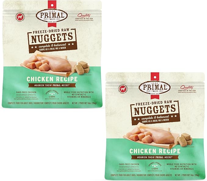 Primal Freeze Dried Dog Food Nuggets, Chicken; Complete &amp; Balanced Meal; Also Use as Topper or Treat; Premium, Healthy, Grain Free, High Protein Raw Dog Food, 14 oz (Pack of 2)