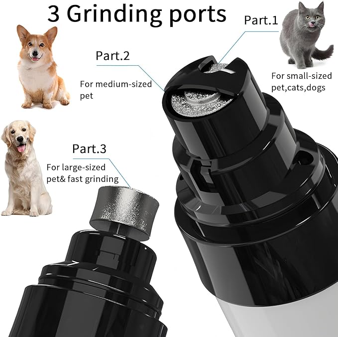 Electric Dog Nail Grinder - USB Rechargeable Electric Nail Trimmer with 3 Diamond Grinding Heads for Small to Large Dogs &amp; Cats