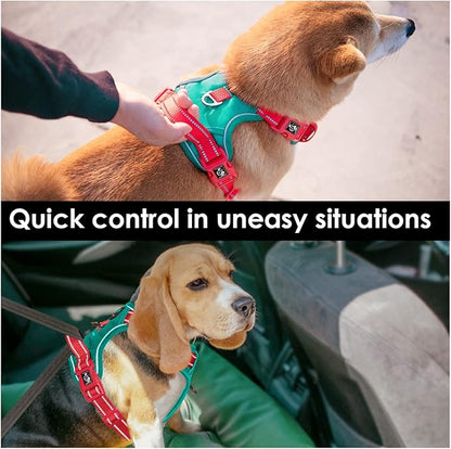 PHOEPET No Pull Dog Harness, Unique Colors Reflective Adjustable Dog Vest, with Soft Training Handle Metal Clips for Small Medium Large Dogs (Dark Green Base &amp; Red Straps,L)