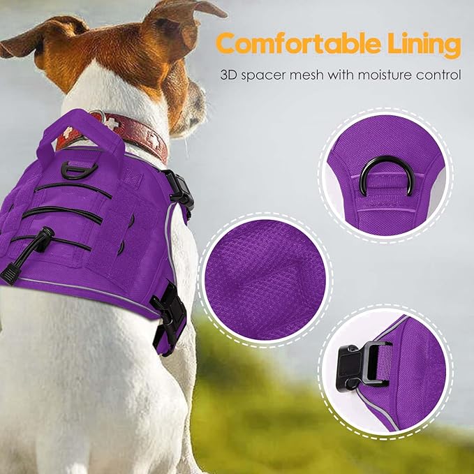 Heavy-Duty Tactical Dog Harness for Large Dogs, No Pull Adjustable Reflective Pet Vest with Molle System, K9 Military-Grade Control for Service Training, Outdoor &amp; 10+ Breeds, Purple, Small