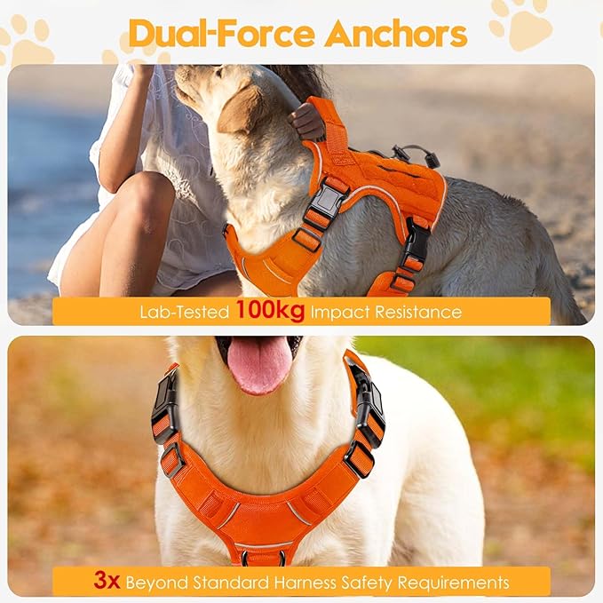 Heavy-Duty Tactical Dog Harness for Large Dogs, No Pull Adjustable Reflective Pet Vest with Molle System, K9 Military-Grade Control for Service Training, Outdoor &amp; 10+ Breeds, Orange, Large