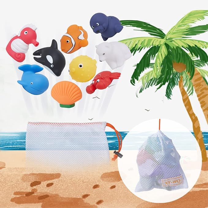 XY-WQ Bath Toys No Hole, for Infants 6-12&amp; Toddlers 1-3, No Hole Bathtub Toys (Sea Animals, 9 Pcs with Mesh Bag)