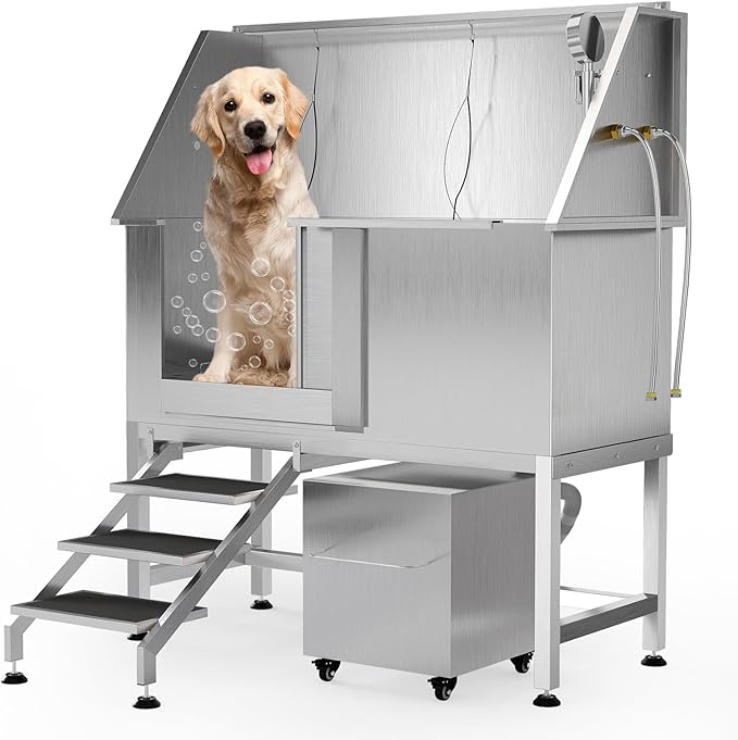 50" Stainless Steel Professional Dog Washing Station - Pet Bathing Tub w/Non-Slip Stairs &amp; Storage Shelf | Slip-Resistant Floor Grate | for Large/Medium/Small Dogs