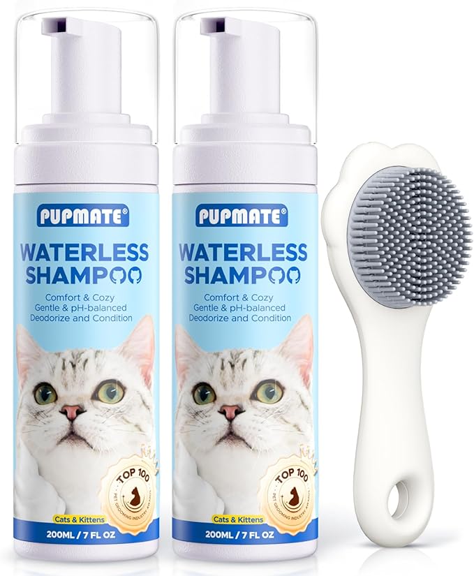 Waterless Cat Shampoo with Cat Brush - No Rinse Foam Dry Shampoo | Deep Cleansing Relieves Itchy Skin &amp; Shedding | Gentle, pH-Balanced for Kittens Sensitive Skin | Specifically for Cat Bath | 7 oz*2