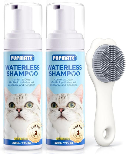 Waterless Cat Shampoo with Cat Brush - No Rinse Foam Dry Shampoo | Deep Cleansing Relieves Itchy Skin &amp; Shedding | Gentle, pH-Balanced for Kittens Sensitive Skin | Specifically for Cat Bath | 7 oz*2