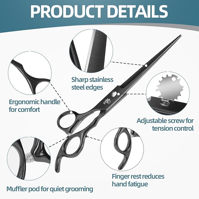 7.0" Professional Dog Grooming Scissors Kit – 3-Piece Set with Straight, Curved &amp; Thinning Shears, Black Japanese Stainless Steel, Includes Grooming Comb for Dogs &amp; Cats