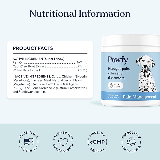 Pawfy Advanced Pain Management - Essential Vitamins &amp; Supplements with Omega 3 |Joint Supplement for Dogs - Supports Hip &amp; Joint Health for Small, Medium, Large Breeds | 30 Fast-Acting Chews