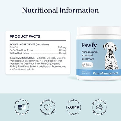 Pawfy Advanced Pain Management - Essential Vitamins &amp; Supplements with Omega 3 |Joint Supplement for Dogs - Supports Hip &amp; Joint Health for Small, Medium, Large Breeds | 30 Fast-Acting Chews