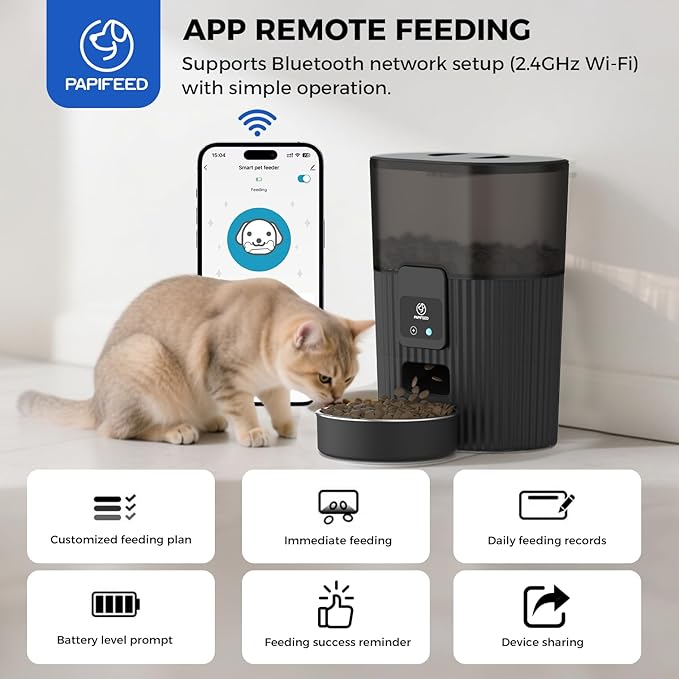 PAPIFEED Automatic Cat Feeder 3.5L/15 Cup 2.4G WiFi Pet Feeder for Dog Work with Alexa &amp; Echo Timed Cat Food Dispenser for Remote Feeding with Stainless Steel Bowl up to 10 Meals Per Day with APP