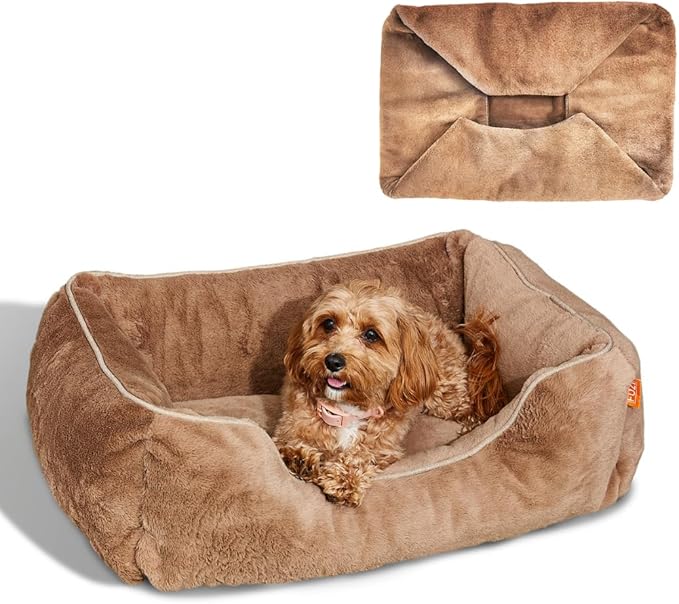 FUZI Luxury Dog Bed with Extra Cover for Small Dogs, Washable Pet Couch, Pet Bed with Sides, Non-Slip Bottom, Soft &amp; Durable Calming Dog Bed, Faux Rabbit Fur, Small 25.1x16.75x9.5 Light Brown
