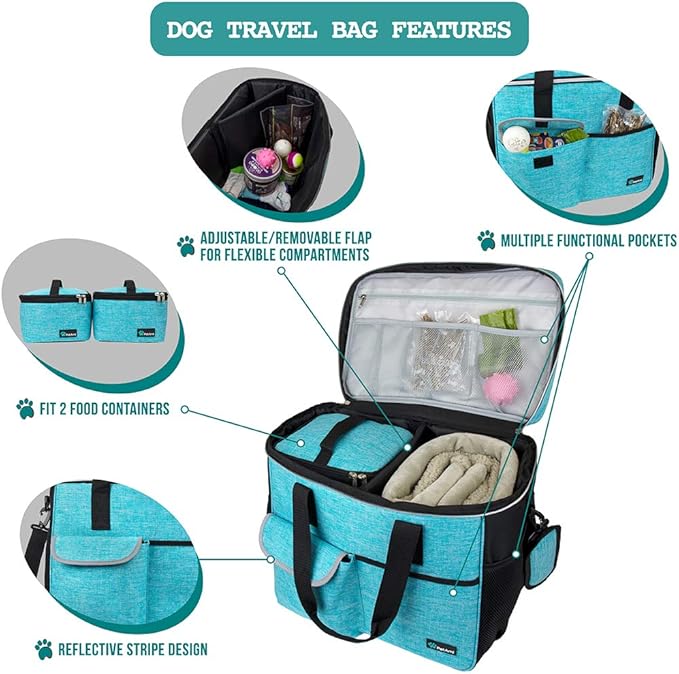 PetAmi Travel Bag Organizer - Dog &amp; Cat Diaper Bag with Food Container and Bowls, Perfect for Weekend Camping (Sea Blue, Large)