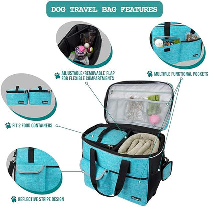 PetAmi Travel Bag Organizer - Dog &amp; Cat Diaper Bag with Food Container and Bowls, Perfect for Weekend Camping (Sea Blue, Large)