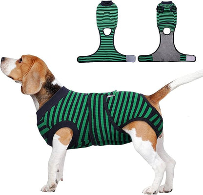 FUAMEY Recovery Suit for Dogs After Surgery,Soft Breathable Dog Bodysuit E-Collar &amp; Cone Alternative Surgical Suit,Male Female Dog Neuter Spay Suits Anti Licking Wounds Onesie Green Black Stripes XXL