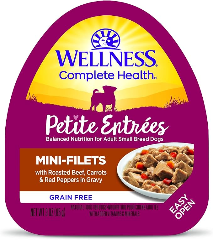 Wellness Petite Entrees Mini Fillets Grain Free Natural Wet Small Breed Dog Food, Roasted Beef, Carrots &amp; Red Peppers, 3-Ounce Cup (Pack of 24)