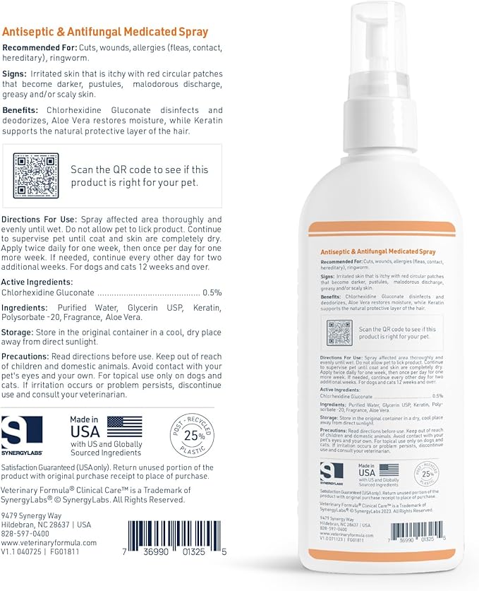 Veterinary Formula Clinical Care Antiseptic and Antifungal Medicated Spray for Dogs &amp; Cats, 8 Fl Oz (1 Pack)