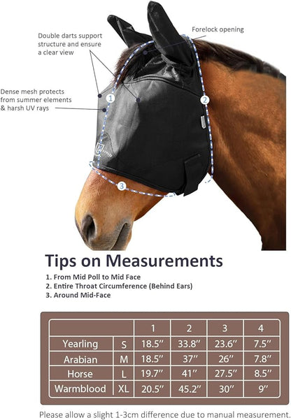 Harrison Howard UV-proof Multi-Function Fabrics Thick Fleece Padding Horse Fly Mask Half Face with Ears Black Arabian Medium