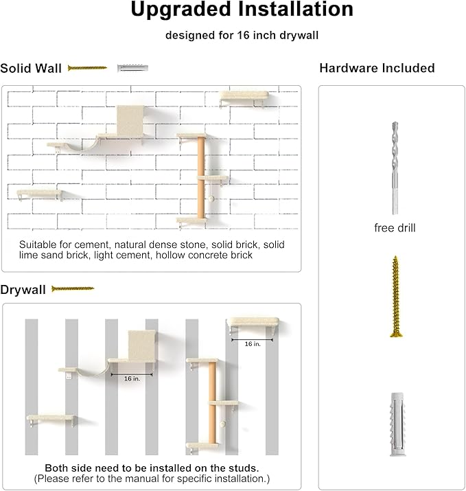 FUKUMARU Cat Wall Shelves, Stable &amp; Safe 4 in 1 Large Cat Walls Furniture Set, Wooden Kitten Climbing Wall with Scratching Post for 16 Inch Drywall - Beige