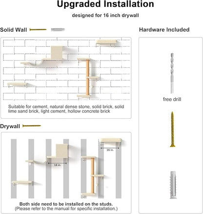 FUKUMARU Cat Wall Shelves, Stable &amp; Safe 4 in 1 Large Cat Walls Furniture Set, Wooden Kitten Climbing Wall with Scratching Post for 16 Inch Drywall - Beige