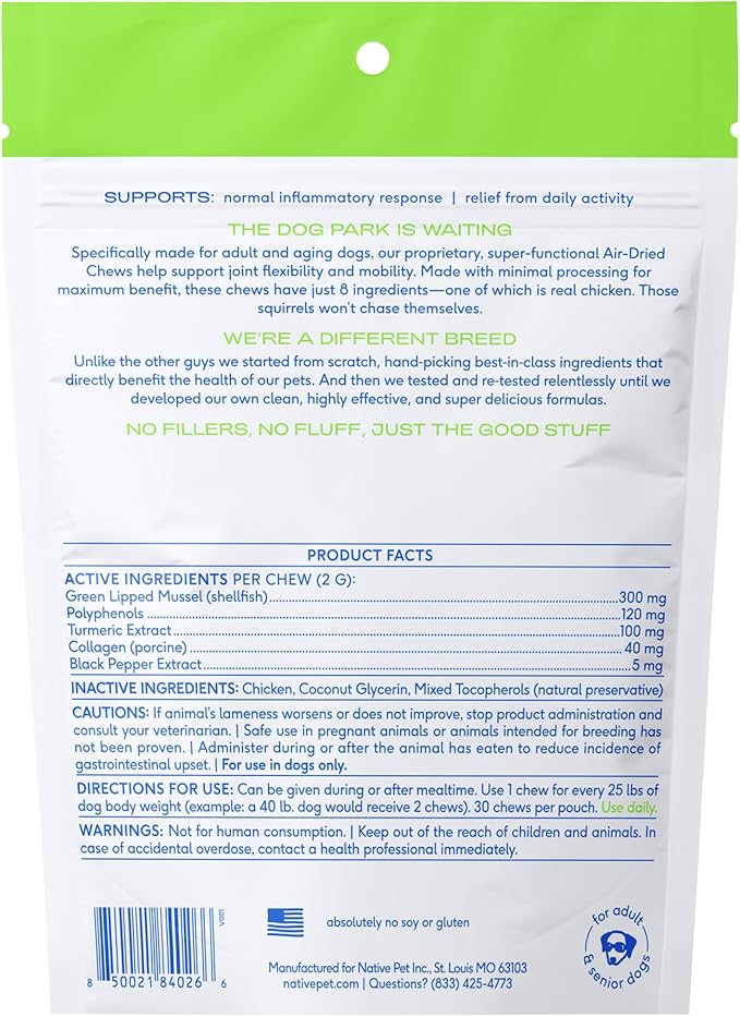 Native Pet Pain Relief for Dogs - Collagen for Dogs Promotes Joint Health, Reduce Inflammation &amp; Stiffness - Senior Pup Joint Supplement - Natural Pain Reliever for Active &amp; Aging Pets - 30 Chews