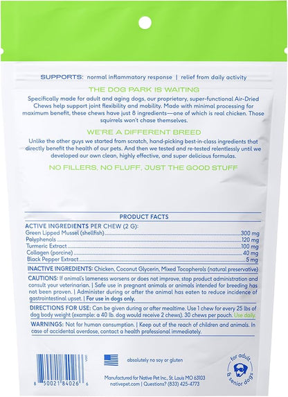 Native Pet Pain Relief for Dogs - Collagen for Dogs Promotes Joint Health, Reduce Inflammation &amp; Stiffness - Senior Pup Joint Supplement - Natural Pain Reliever for Active &amp; Aging Pets - 30 Chews